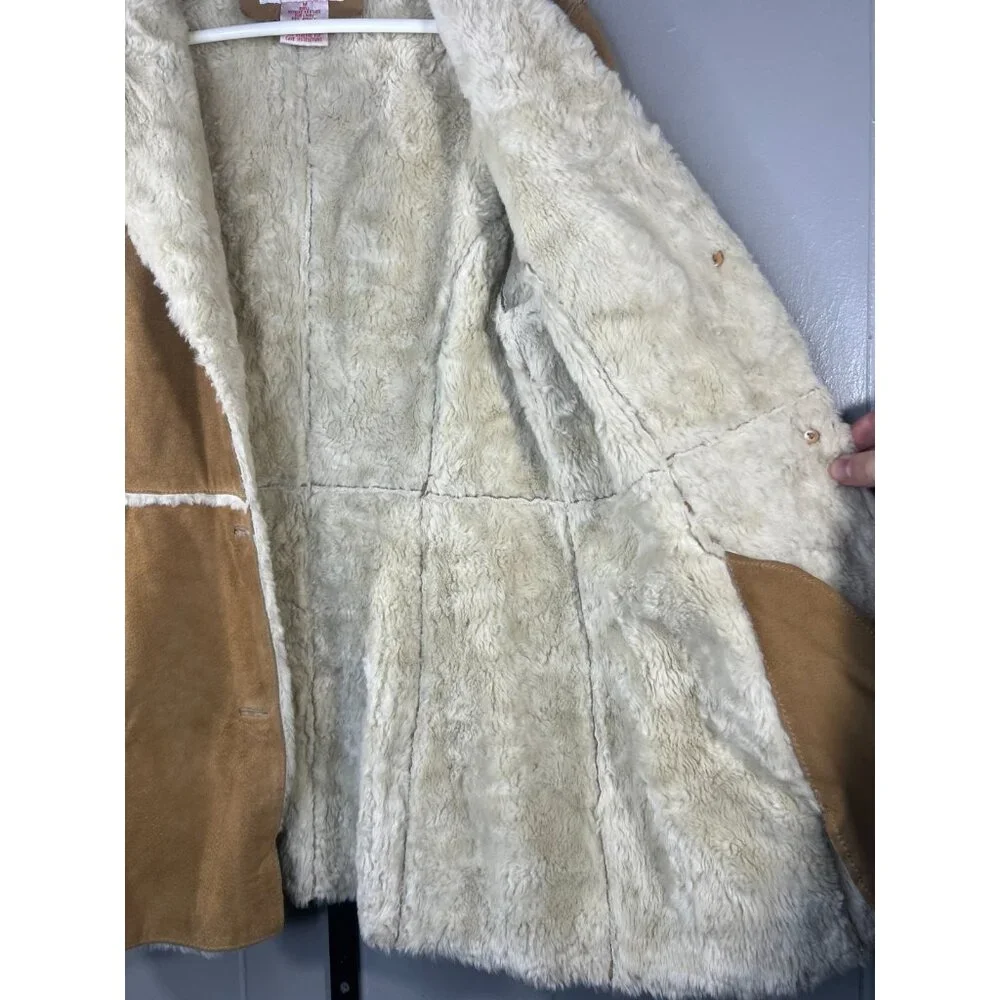 Vintage Y2K 90s Xhiliration 100% Leather Medium Faux Fur Jacket Coat Sherpa Tan - Picture 4 of 5